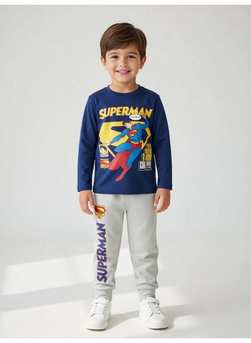 سوبر مان سوبرمان | طقم تيشيرت وبنطال بأكمام طويلة للأولاد | كحلي - Image 1